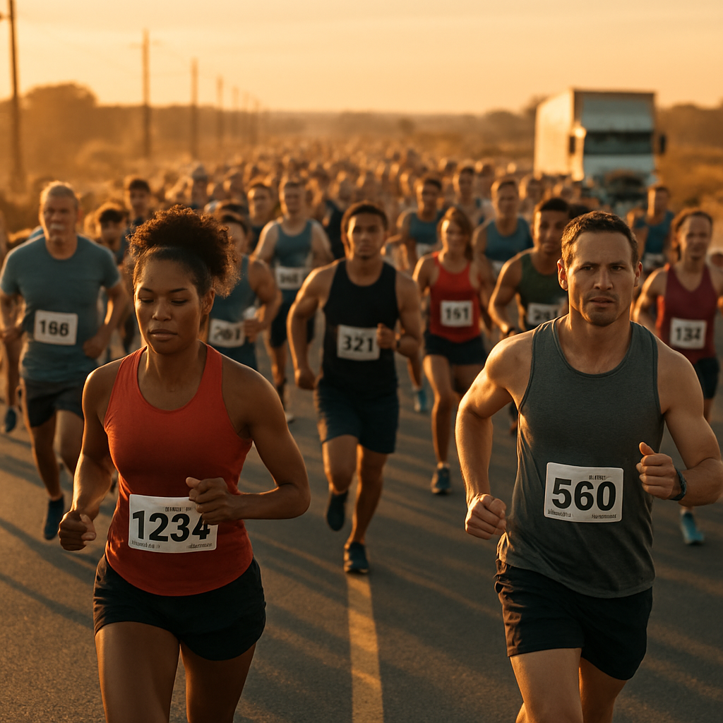 Runners competing in a road race at golden hour